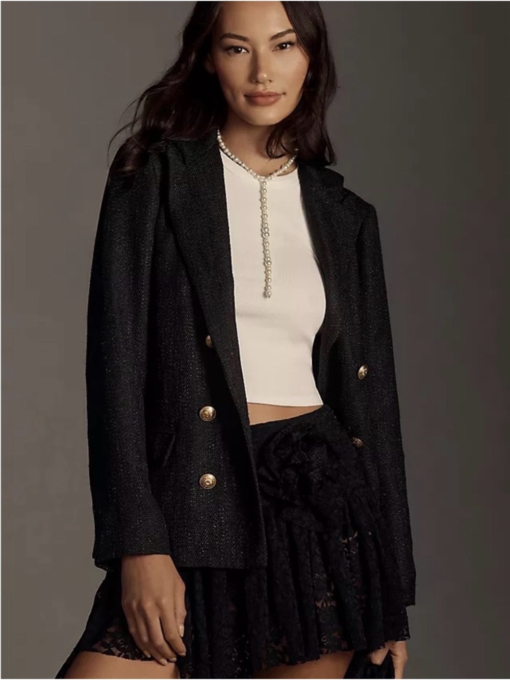 Bishop + Young Cavalli Black Tweed Double Breasted Gold Button Blazer M
